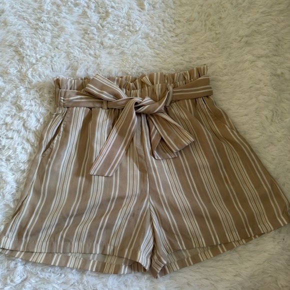 shosho Pants - Shosho High Waist Striped Tan Shorts